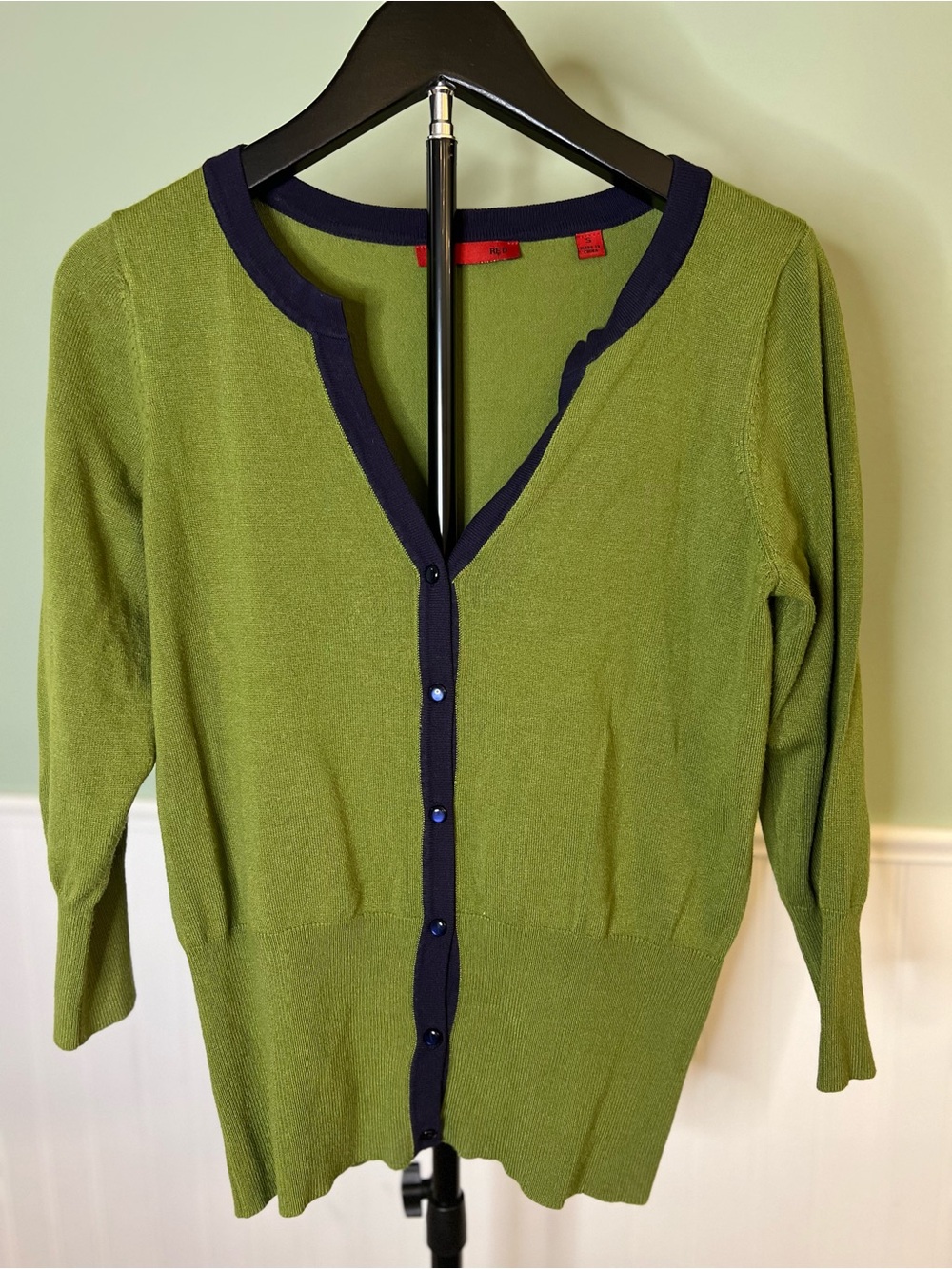 Red Brand Olive Green Cardigan w/Navy Trim & 3/4 Sleeve. Size S